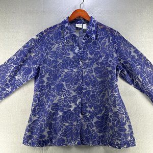 Chico's Womens Floral Shirt Sz 3 Purple Delanis Sheer Burnout Casual Buttons